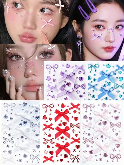 蝴蝶结面部钻石贴，心形面部钻石贴，多色粉色，红色，蓝色，紫色和白色五色蝴蝶结面部装饰钻石，心形和圆形粘性面部贴，面部贴，DIY面部贴，下眼妆贴，仿珍珠水晶钻石贴，化妆贴