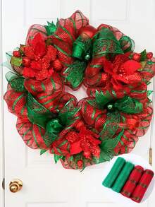 1/4 rouleau de maille de Noël, ruban de maille métallique de Noël, ruban d'arbre de Noël, ruban tulle rouge et vert, rouleau de ruban de maille en polypropylène, couronnes d'hiver, emballage cadeau DIY, décoration d'arbre de Noël DIY, guirlande, escalier, table à manger, cheminée, décoration de fond de table de fête de Noël, 2025 cadeaux - Rayures rouges vertes blanches - Voir 6