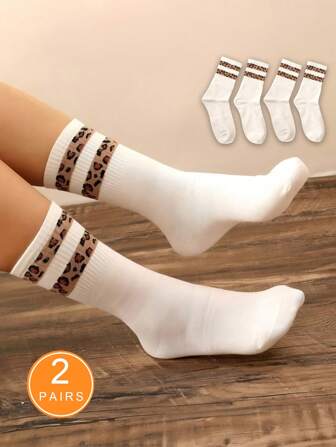 2 Pairs Of Fashionable Leopard-Patterned Mid-Calf Socks, Soft And Breathable Women's Socks, Suitable For All Seasons. Christmas Gift
