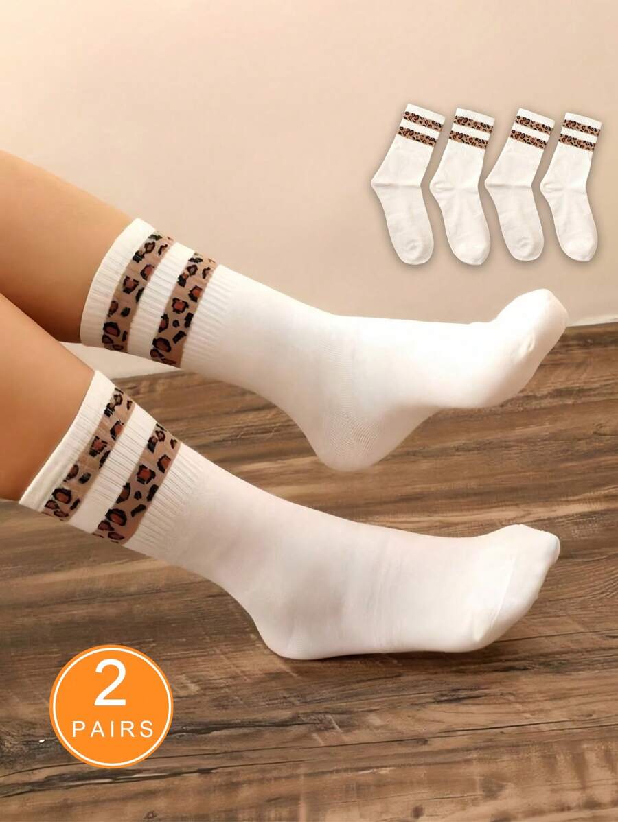 2 Pairs Of Fashionable Leopard-Patterned Mid-Calf Socks, Soft And Breathable Women's Socks, Suitable For All Seasons. Christmas Gift - Multicolor - View 1