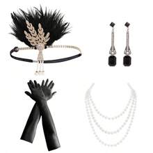 4 件套 1920 年代女士优雅性感配饰复古高端轻佻女郎服装配饰，单件派对化妆舞会头饰项链手套耳环万圣节