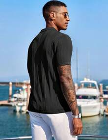 Men's Knit Shirts Short Sleeve Button Down Polo Shirt Fashion Casual Summer Beach Shirts - 酒紅色 - 查看 9