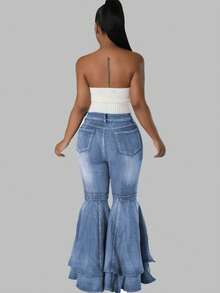 HERTALK Fashion Wide Leg Washed Denim Stretch Barrel Pants Women Stylish And Layered Flared Pants - 淺色水洗藍 - 查看 2