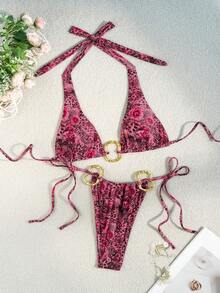 Ensemble 2 pièces d'été pour femmes avec top sexy imprimé floral et bas de bikini sexy imprimé floral - Rose bonbon - Voir 4