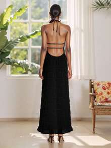Women's Ruched Bodycon Long Dress Sleeveless Backless Solid Color Dress Cocktail Party Dress - Black - View 11
