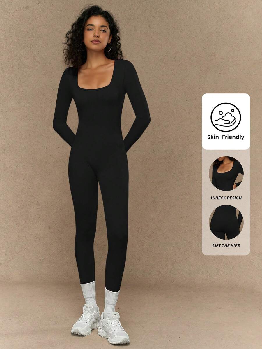 Yefecy Långärmade yogajumpsuits för kvinnor, ribbade träningsbodys med byxor, fyrkantig halsringning, koncisa shapewear-bodys