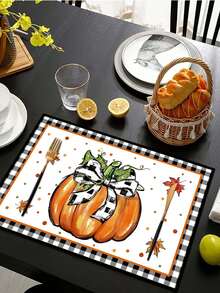 1pc/2pcs/4pcs/600pcs Thanksgiving Pumpkin & Maple Leaf Polyester Placemats - White Base With Black & White Bordered Frame, Paired With Orange Pumpkin And Maple Leaf Patterns, Accentuating Autumn Colors And Holiday Ambiance, Suitable For Thanksgiving Gatherings, Home Dining, Kitchen Decor And More - Multicolor - View 4