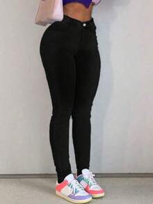 春季新款基础休闲打底裤 简约时尚日常百搭弹力牛仔裤 女款黑色 - 黑色 - 查看 3