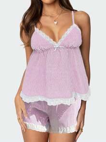 Women Pajama Set, Stripes Lace Patchwork Sleeveless Camisole With Shorts Sleepwear Loungewear - Pink - View 1