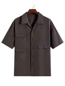 男士夏季短袖衬衫，新款立领休闲时尚多口袋纯色工作服衬衫