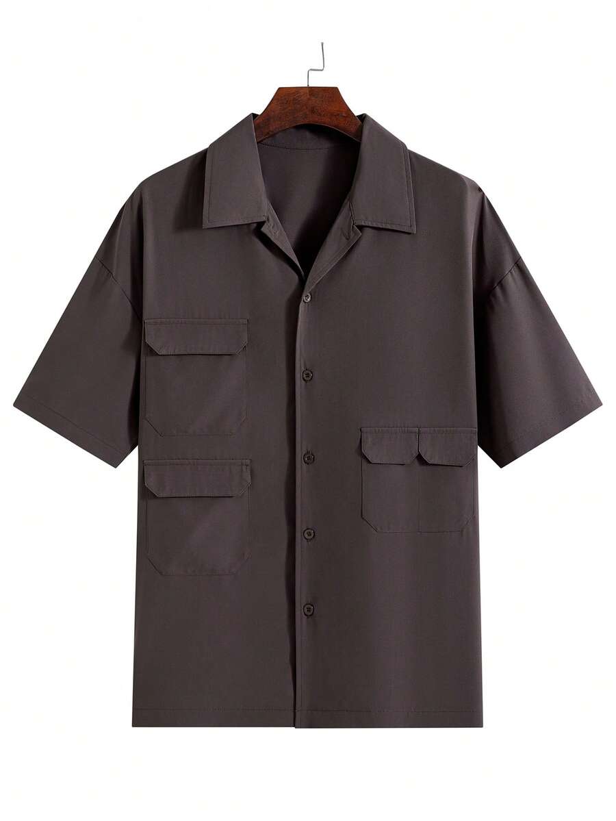 男士夏季短袖衬衫，新款立领休闲时尚多口袋纯色工作服衬衫