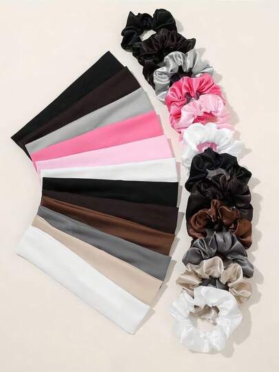 12pcs/Set Satin Sports Hair Accessories Set, Includes Multi-Color Scrunchies And Headbands - Suitable For Girls And Women, Adds Elegance To Styling, Suitable For Work, Sports, Weekend Outings, Essential For Creating Fashionable Looks, Claw Clips, Gifts, Head Bands