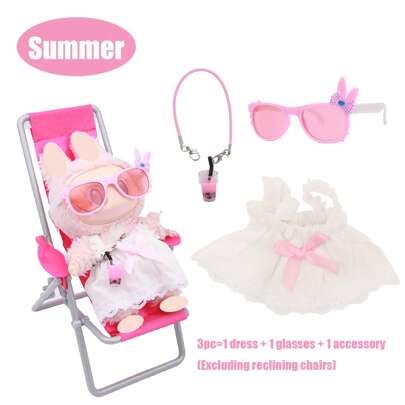Conjunto de vacaciones de verano en la playa, combinado con gafas de sol y accesorios de taza de bubble tea, para Labubu, accesorios y periféricos de moda (excluyendo juguetes de peluche, solo ropa y accesorios de gafas)