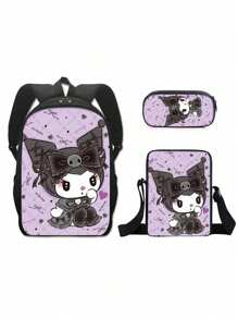 3D Fully Printed Cartoon Sanrio Kuromi 3 Pieces Backpack Primary School Bag Children's Lunch Bag Pencil Bag Set Anime Kawaii Cartoon School Bag
