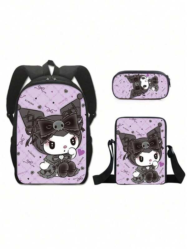 3D Fully Printed Cartoon Sanrio Kuromi 3 Pieces Backpack Primary School Bag Children's Lunch Bag Pencil Bag Set Anime Kawaii Cartoon School Bag