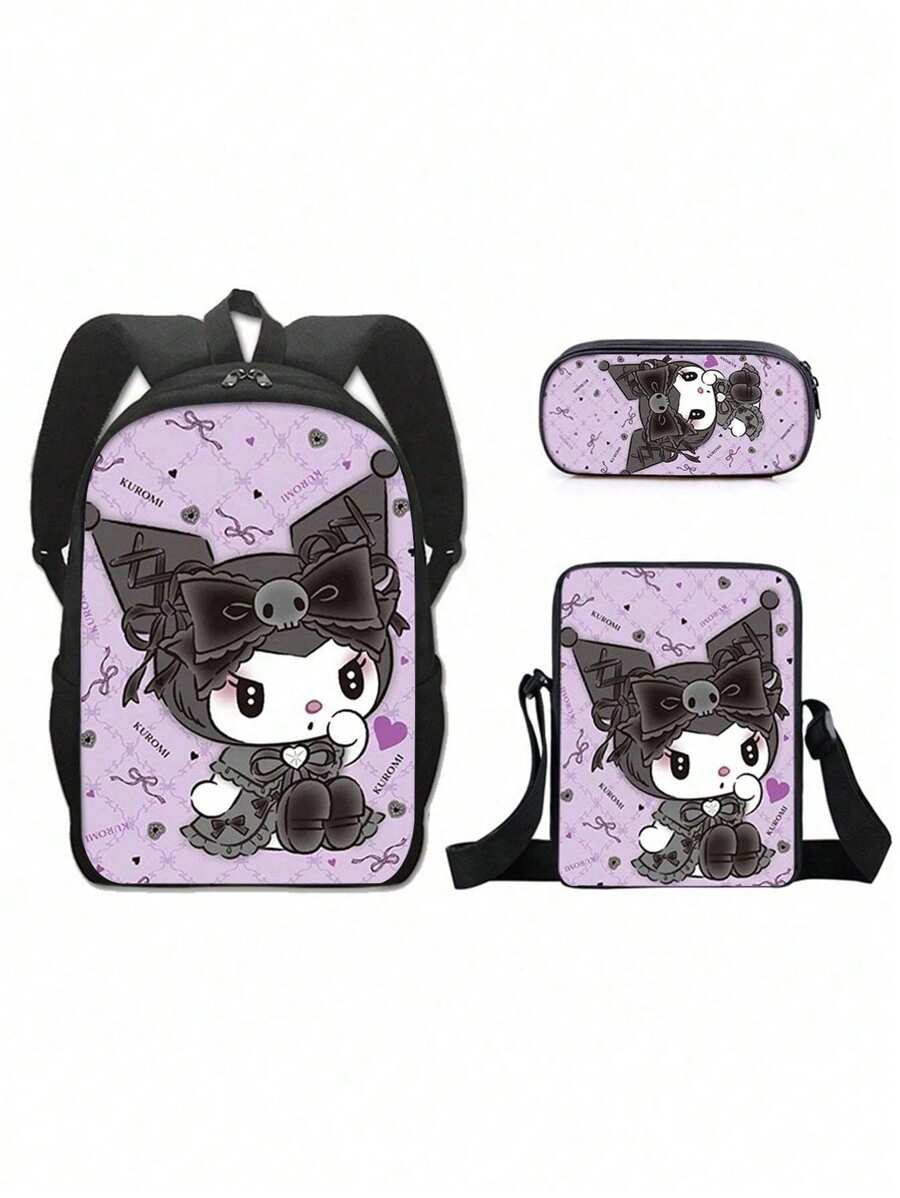 3D Fully Printed Cartoon Sanrio Kuromi 3 Pieces Backpack Primary School Bag Children's Lunch Bag Pencil Bag Set Anime Kawaii Cartoon School Bag