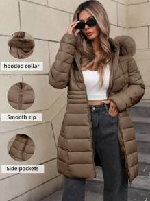 Women's Casual Hooded Regular Jacket With Pockets, Lightweight Cotton Jacket For Daily Wear - Coffee Brown - View 2