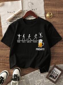 Men Letter & Skull Print Tee, Emo, 2000s Style, For Halloween - Black - View 3