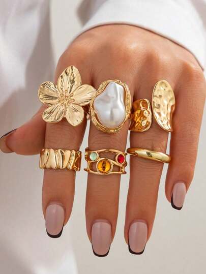 6 قطع / مجموعة خواتم معدنية عتيقة مزينة بزهور وأحجار كريمة، حلقات سيدات من طراز باروك أنيق مزينة بخرز مصطنع، خواتم ذهبية بأسلوب بنك وهيب هوب مناسبة للارتداء اليومي والحفلات وهدايا عيد الحب وعيد الأم، كاكسسوار متعدد الاستخدامات