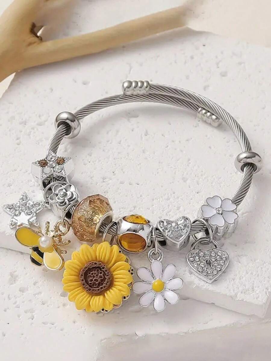 1piece Small Fresh Countryside Style Simulation Sunflower Painting Oil Bee Butterfly DIY Stainless Steel Opening