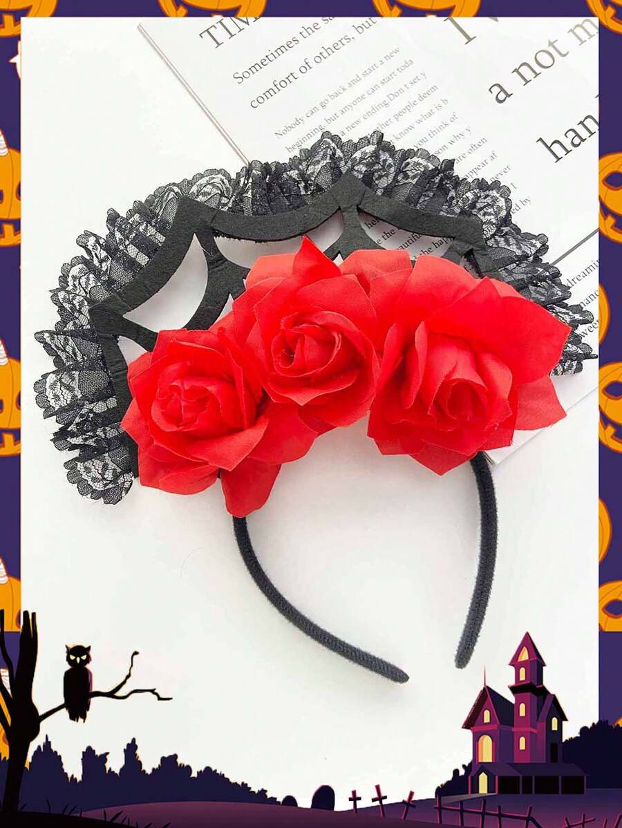 1 buc. Bentiță de păr din dantelă florală pentru femei, accesoriu de păr casual pentru sărbători, fabricată din fibră de poliester, pânză de păianjen cu trandafir, potrivită pentru sărbători și spectacole, bandă de păr, cerc de păr, horror