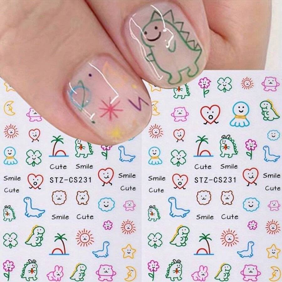 Cute Dinosaur & Japanese Sun Face Nail Stickers - Hypoallergenic Self-Adhesive Nail Art Decals With Glossy Finish, Adorable Cartoon Animal Designs For Fun Manicures - Nhiều màu - Xem 1
