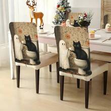 1 Stück/4 Stücke/6 Stücke/10 Stücke Halloween Katzen- & Geister-Muster Plüsch Stuhlbezug, abnehmbarer Kurzflor Stoff Stuhlüberzug, Rückenschutz für Stühle, geeignet für alle Jahreszeiten, Feiertags-Dekorationsstuhlbezug für Esszimmer, Wohnzimmer, Zuhause, mit Rückenschutz, passend für Esszimmer, Büro, Wohnzimmer, Hotel und Heimdekoration