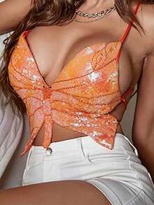 Women's Short Tops With Shiny Sequins Embellished Irregular Butterfly Look Sleeveless Camisole Vest - 橘色 - 查看 4