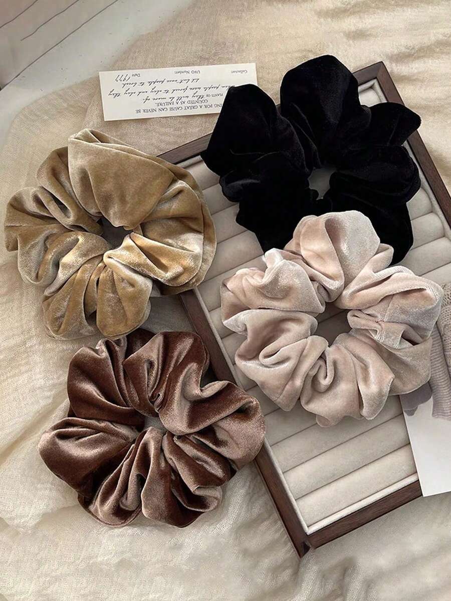 1个/4个装女士纯色天鹅绒发圈，高端4.52英寸/11.5厘米荷叶边发绳，适合日常、通勤、上学、派对、度假、送礼，也适合洗头/洗脸/洗澡，黑色/白色/咖啡色/香槟色可选，发圈，发绳，洗脸发饰，马尾辫发饰