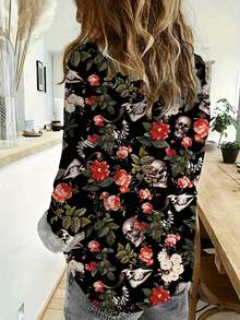 花卉骷髅印花纽扣前开休闲衬衫 - 黑色 - 查看 2