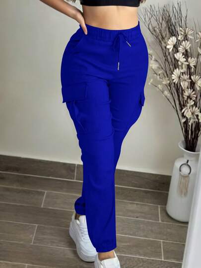 Women's Fashion Casual Solid Color Minimalist Pocket Elastic Waist Drawstring Cargo Pants