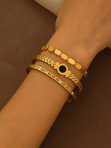 3pcs Elegant Gold Bracelet For Women, Fashionable Roman Time Bracelet, Vacuum Electroplating That Does Not Fade Easily, Bracelet Set, Bracelet Layering Set, Stainless Steel Bracelet Set,Woven Bracelet Stainless Steel Bracelet, Zirconia Bracelet, Nail Bracelet, Titanium Steel Bracelet, Stainless Steel Bracelets, Stainless Steel Bracelet Sets