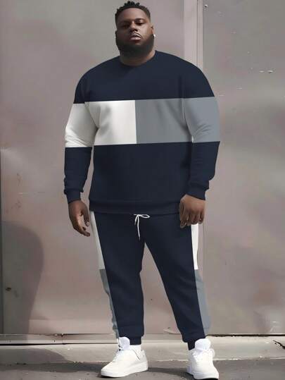 2pcs Plus Size Men Classic Fashion Contrast Color Sweatsuit, Round Neck Sweatshirt Paired With Drawstring Casual Pants, Fashionable Style Design, Fall Clothes
