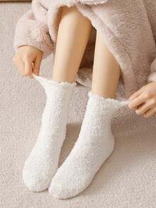 5 Pairs Solid Color Coral Fleece Casual Mid-Calf Socks For Women, Black & White, Autumn/Winter Christmas Gift