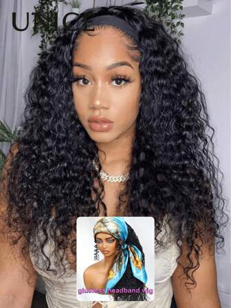  头发水波头带无胶假发 100% 真人头发无胶无蕾丝适合所有头型带隐形抽绳初学者友好钩适合防滑 Unice 假发