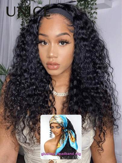  头发水波头带无胶假发 100% 真人头发无胶无蕾丝适合所有头型带隐形抽绳初学者友好钩适合防滑 Unice 假发