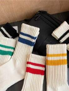 1/5双随机男士中筒袜，时尚设计，吸湿排汗，条纹字母图案，日系街头风，适合日常穿着 - 彩色 - 查看 4