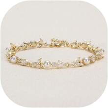 Crysdue Wedding Bridal Link Bracelet Brides Bridesmaids, Marquise Cubic Zirconia Tennis Bracelets Women Prom Jewelry - D_CZ+珍珠,金色 7.8-9.37 英寸 - 查看 1