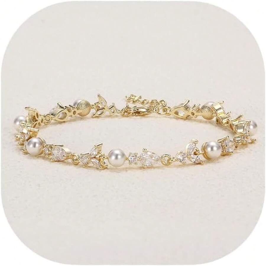 Crysdue Wedding Bridal Link Bracelet Brides Bridesmaids, Marquise Cubic Zirconia Tennis Bracelets Women Prom Jewelry - D_CZ+珍珠,金色 7.8-9.37 英寸 - 查看 1