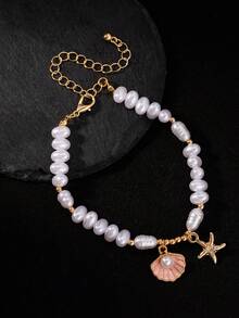 1件 时尚百搭简约海洋沙滩风贝壳海星仿珍珠手链 - 均碼 - 查看 2