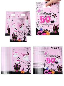 50pcs Halloween Horror Night Party Favor Bags - Pink "Happy Horror Day" Candy Gift Bags, "Little Ghost" Pumpkin Theme Party Favor Supplies, Suitable For Halloween, Birthday, Children's Theme Birthday, Baby Shower Favor Supplies. - Pink - View 6