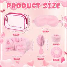 7/14/42pcs/Set Pink Spa Sleepover Party Favors,Included 6 Pink Spa Headband 6 Plush Sleep Eye Mask 6 Velvet Scrunchies 6 Wristband 6 Hair Brush 6 Clear Cosmetic Bags For Slumber Party Favor Gift, Wedding, Bachelorette, Bridal Shower Gifts - Pink - View 3