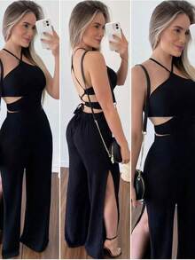 Women's Long Jumpsuit, Loose Viscose Pantaloons, Tie-Up - màu đen - Xem 1