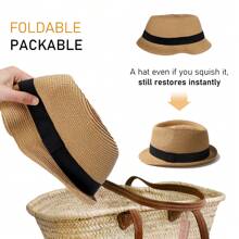 Fedora Straw Sun Hat Men Trilby Hat Short Brim Foldable Roll Up Summer UPF 50+ Panama Beach Hats