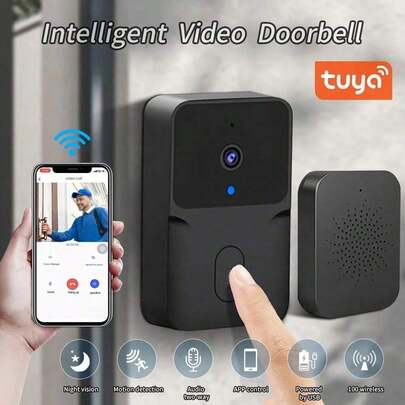 Tuya Smart Video Doorbell, HD Security Camera, Night Vision, Motion Sensor, Two-Way Audio, Wireless, Rechargeable Battery, Control Home Security Via App