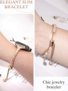 2-In-1 Rose Gold Protective Case + Cylindrical Rhinestone Metal Strap Set For Apple Watch - Bracelet Design Replacement Strap [38/40/41/42/44/45/46/49mm] | Women's Sparkling Crystal Soft Strap For Ultra/SE/10/9/8/7/6/5/4/3/2/1 Series