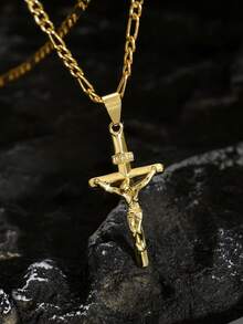 1 pieza Collar minimalista y elegante con cruz de Jesús para hombres, de estilo vintage, adecuado para exhibir la fe diaria, actividades y atuendos casuales - Amarillo Oro - Ver 1