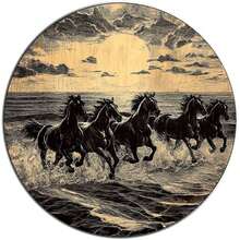 Black Horses Running By The Sea At Sunset 7.8x7.8 Inch Round Metal Sign Decor - 彩色 - 查看 1