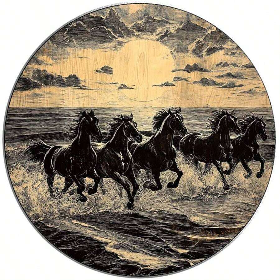 Black Horses Running By The Sea At Sunset 7.8x7.8 Inch Round Metal Sign Decor - 彩色 - 查看 1
