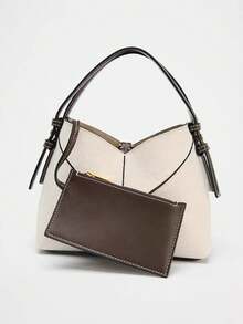 Women Two-Tone Design Mini Canvas Tote Bag, Fashion Shoulder Hand Bucket Bag - White - View 4